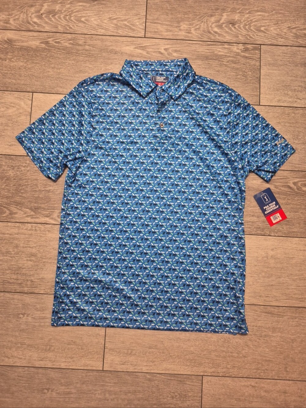 PGA Tour Course Essentials Blue Geometric Umbrella Print Short Sleeve Golf Polo